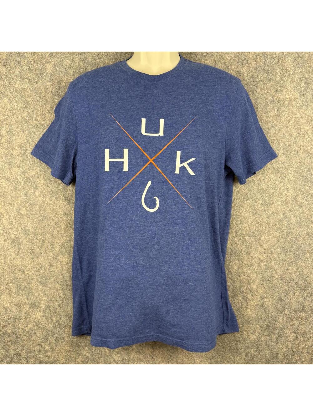 HUK Fishing T Shirt Heather Blue Orange White Men Size Medium 419